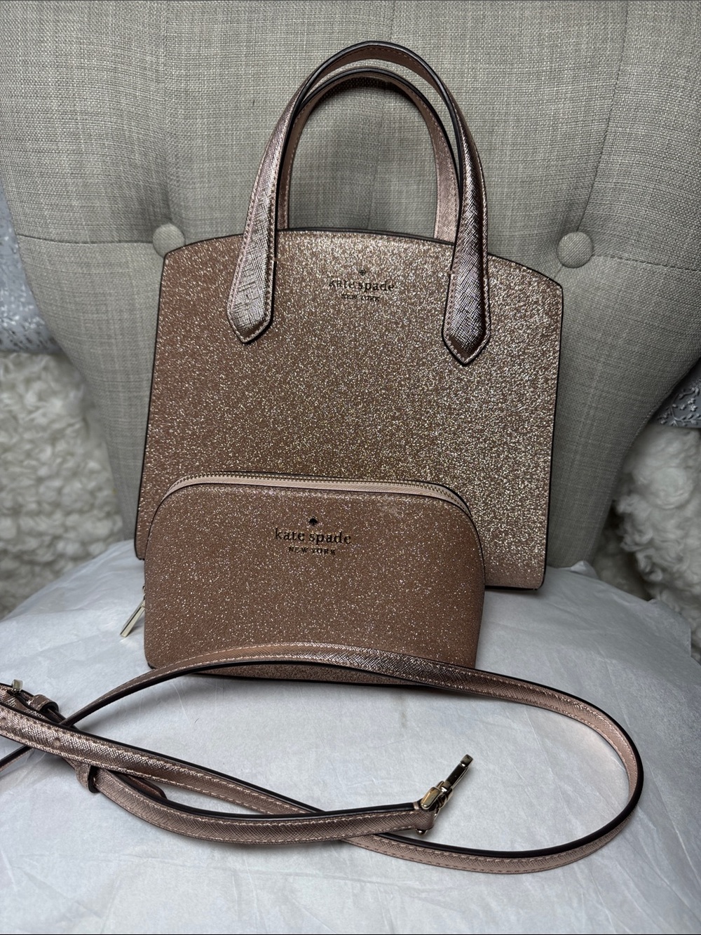 kate spade Rose Gold Glitter Satchel with Matching Wristlet